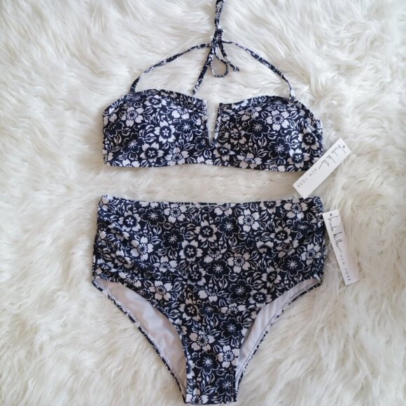 NWT Nicole Miller Bikini Set Size XL Black White Floral High Rise Bathing Suit - Picture 3 of 8